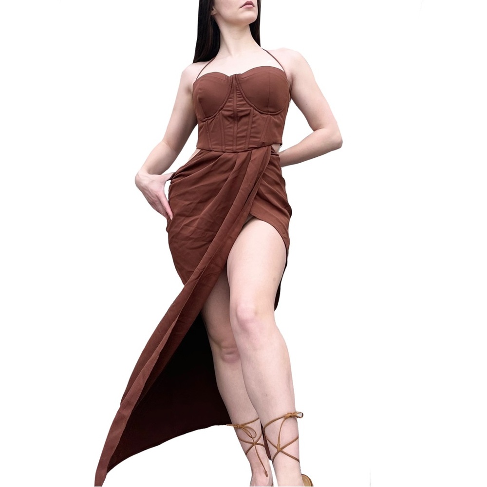 PrettyLittleThing Terracotta Tan Corset Bustier Top Cut Out Maxi Dress 18